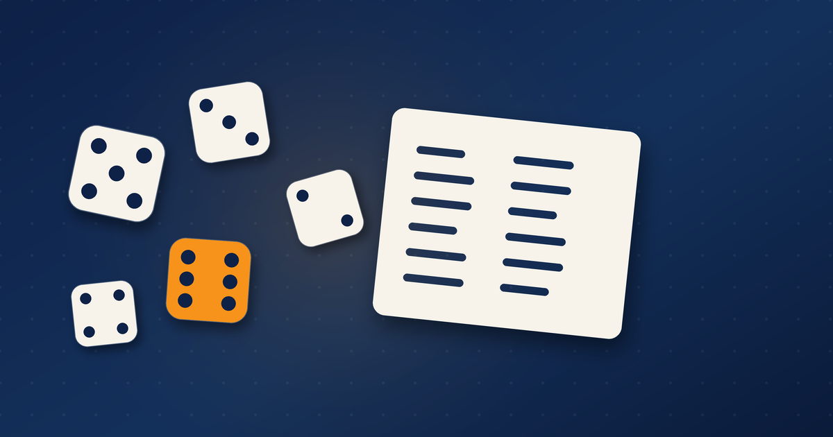 Five dice, one orange, beside a card showing twelve blank word lines